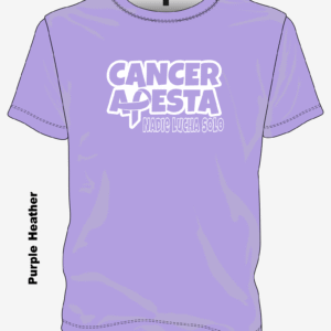 Camiseta “Cancer Apesta – Nadie Lucha Solo” en color zafiro o morado, diseño de concientización contra el cáncer. No One Fights Alone shirt from Lainee’s Love Hope Program.
