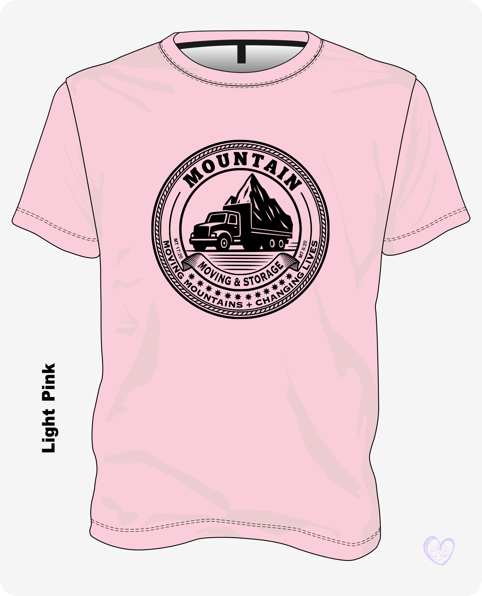 Mountain Moving & Storage Christian T-shirt in Light Pink with black mountain-moving artwork