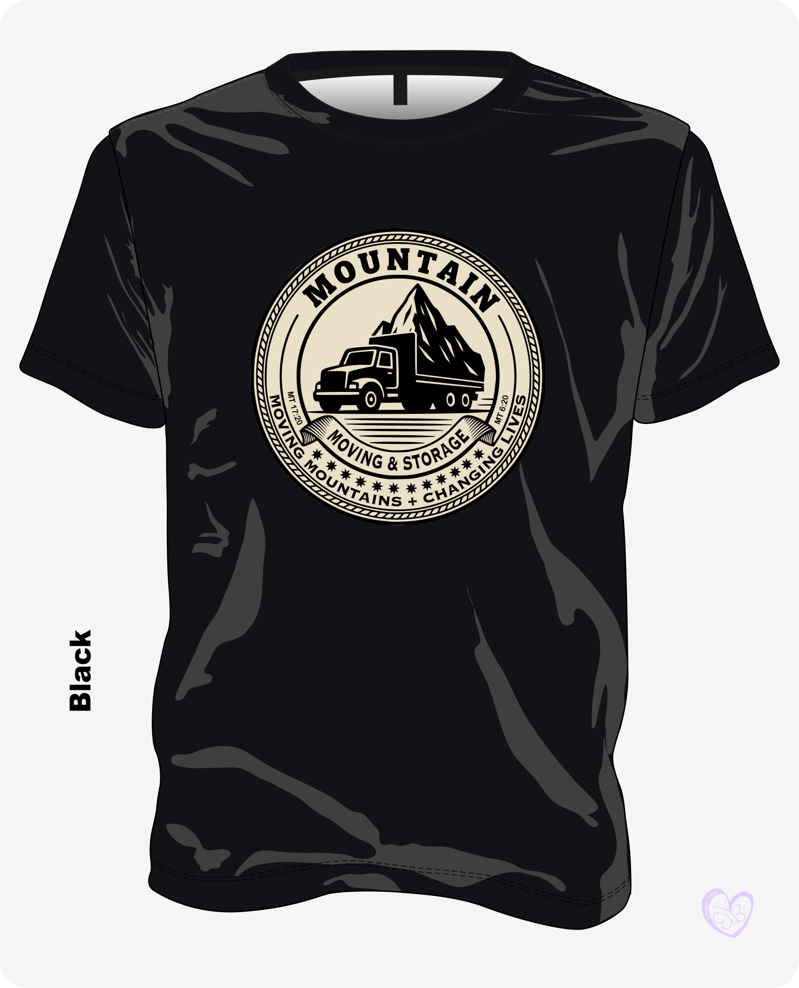 Mountain Moving & Storage Christian T-shirt in Black with tan vintage badge design