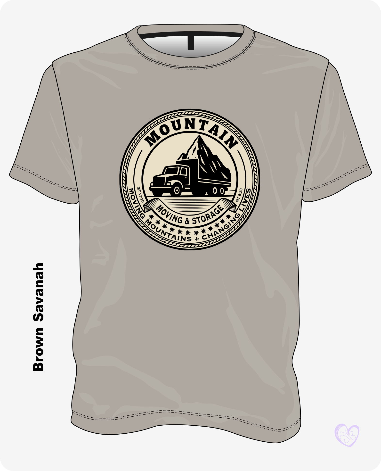 Mountain Moving & Storage Christian T-shirt in Brown Savanah with warm tan vintage badge