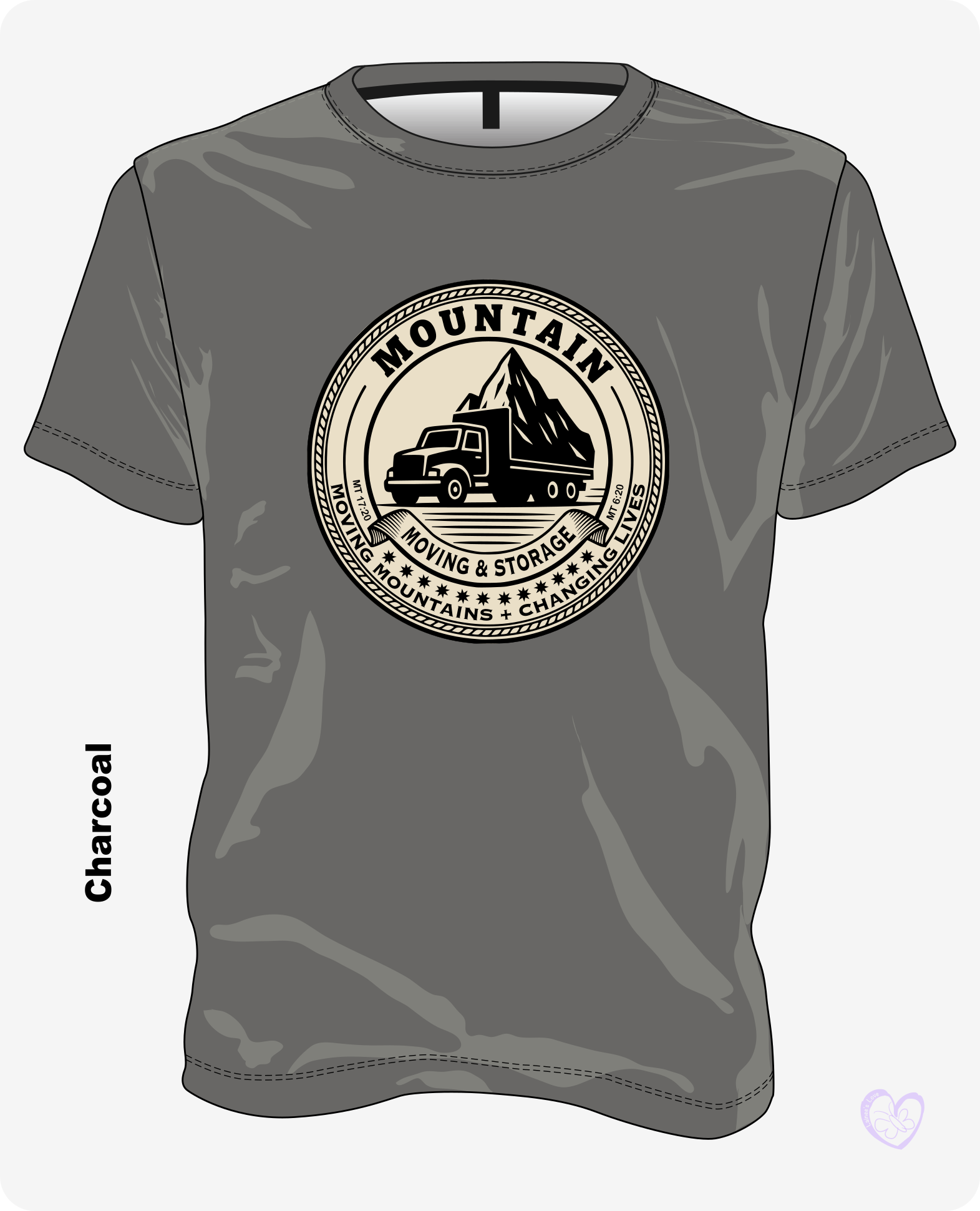 Mountain Moving & Storage Christian T-shirt in Charcoal with tan vintage mountain emblem