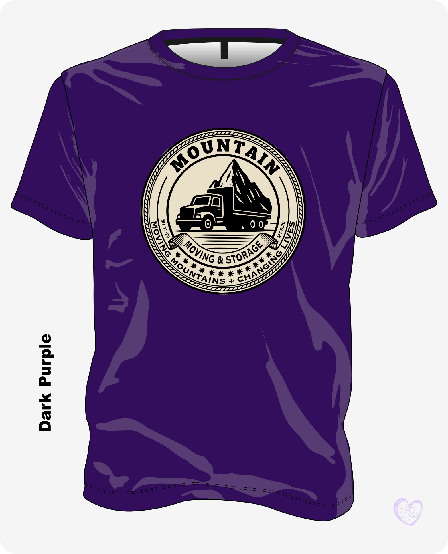 Mountain Moving & Storage Christian T-shirt in Dark Purple with subtle tan mountain-moving design