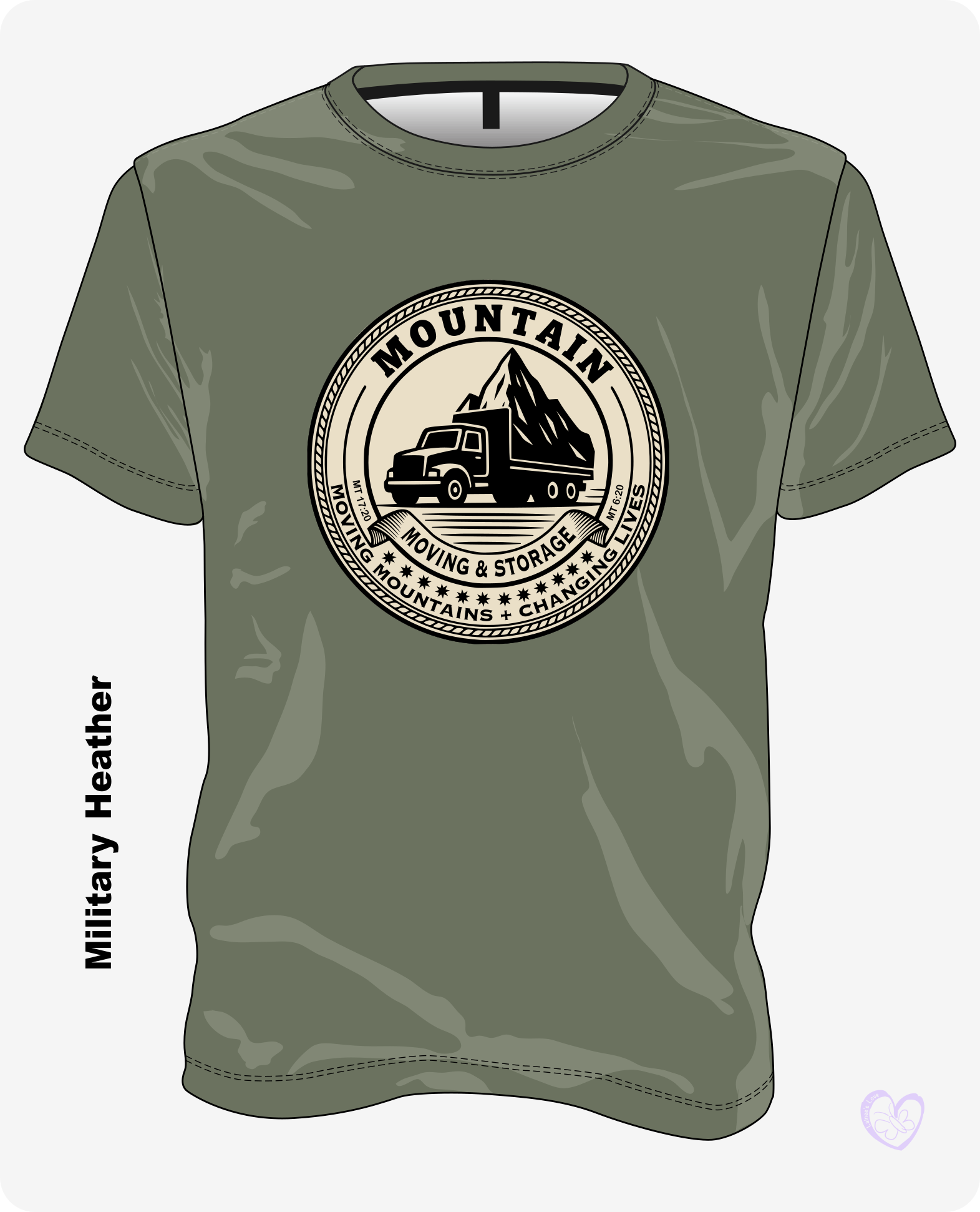 Mountain Moving & Storage Christian T-shirt in Military Heather with distressed tan emblem
