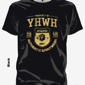 YHWH Athletic Vintage Gold Christian T-shirt in Black with distressed shield and crown design