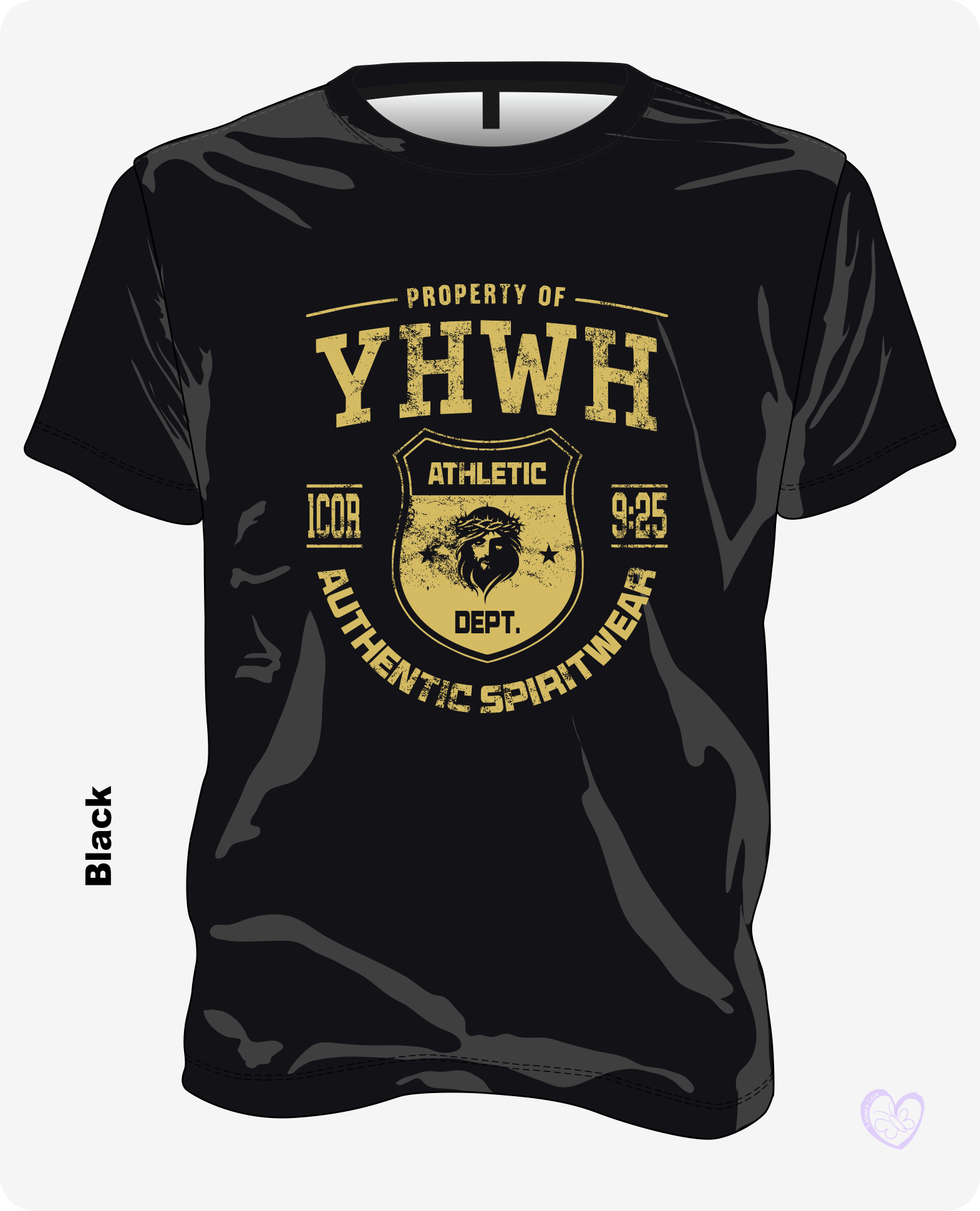 YHWH Athletic Vintage Gold Christian T-shirt in Black with distressed shield and crown design