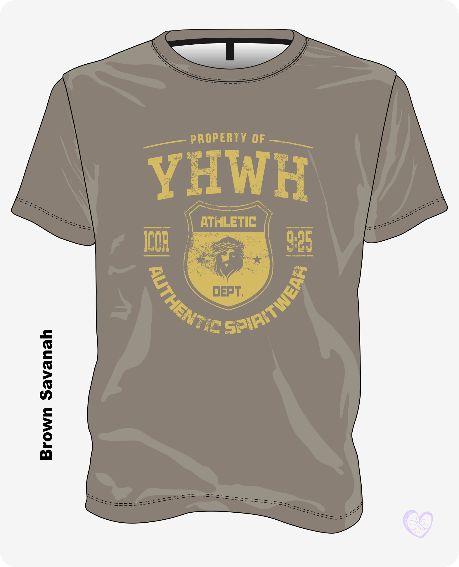 YHWH Athletic Vintage Gold Christian T-shirt in Brown Savanah with vintage distressed YHWH print