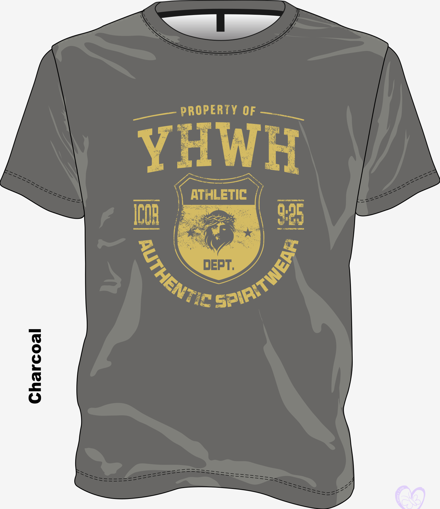 YHWH Athletic Vintage Gold Christian T-shirt in Charcoal with distressed athletic shield graphic
