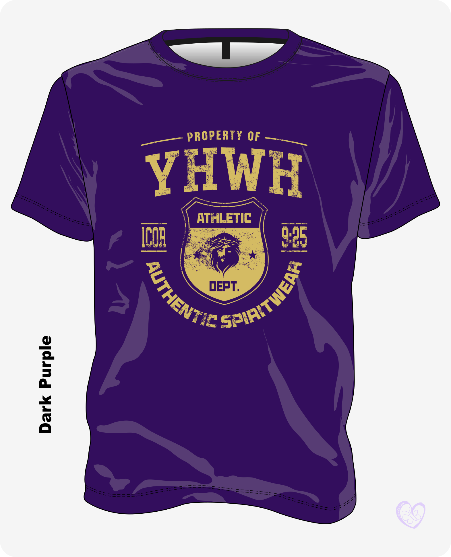 YHWH Athletic Vintage Gold Christian T-shirt in Dark Purple with aged gold Christian athletic design