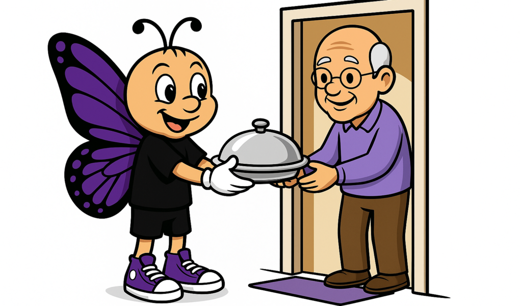 Sunny the butterfly mascot holding a scroll titled ‘50 Acts of Kindness’ while choosing ideas for Lainee’s Day of Kindness.