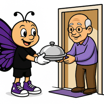 Sunny the butterfly mascot holding a scroll titled ‘50 Acts of Kindness’ while choosing ideas for Lainee’s Day of Kindness.