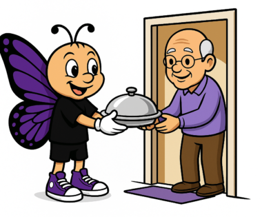 Sunny the butterfly mascot holding a scroll titled ‘50 Acts of Kindness’ while choosing ideas for Lainee’s Day of Kindness.