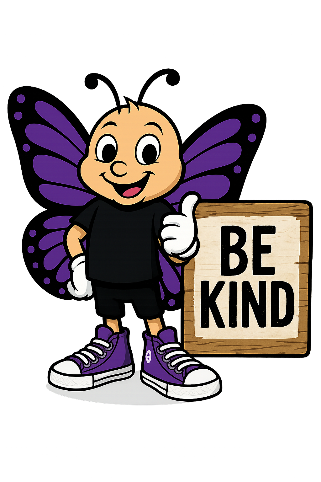 Sunny, the Lainee’s Love butterfly mascot, pointing to a wooden “Be Kind” sign