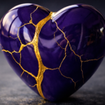 Purple heart repaired with gold using the art of kintsugi, symbolizing healing, grief, and restored love