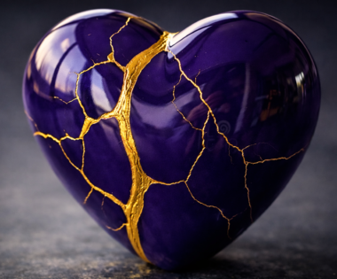 Purple heart repaired with gold using the art of kintsugi, symbolizing healing, grief, and restored love