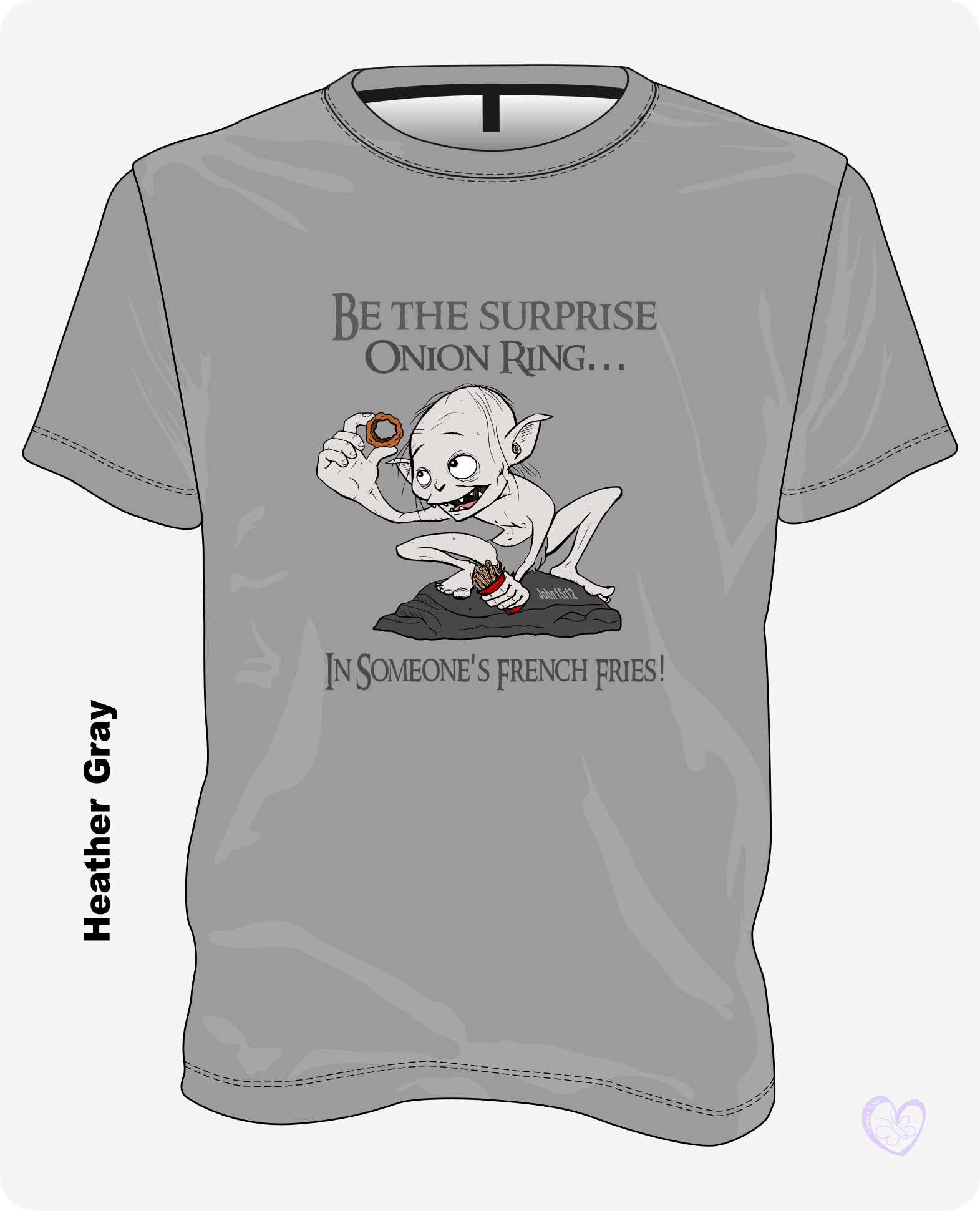 Lord of the Onion Ring kindness shirt in heather gray featuring the “Be the Surprise Onion Ring” design