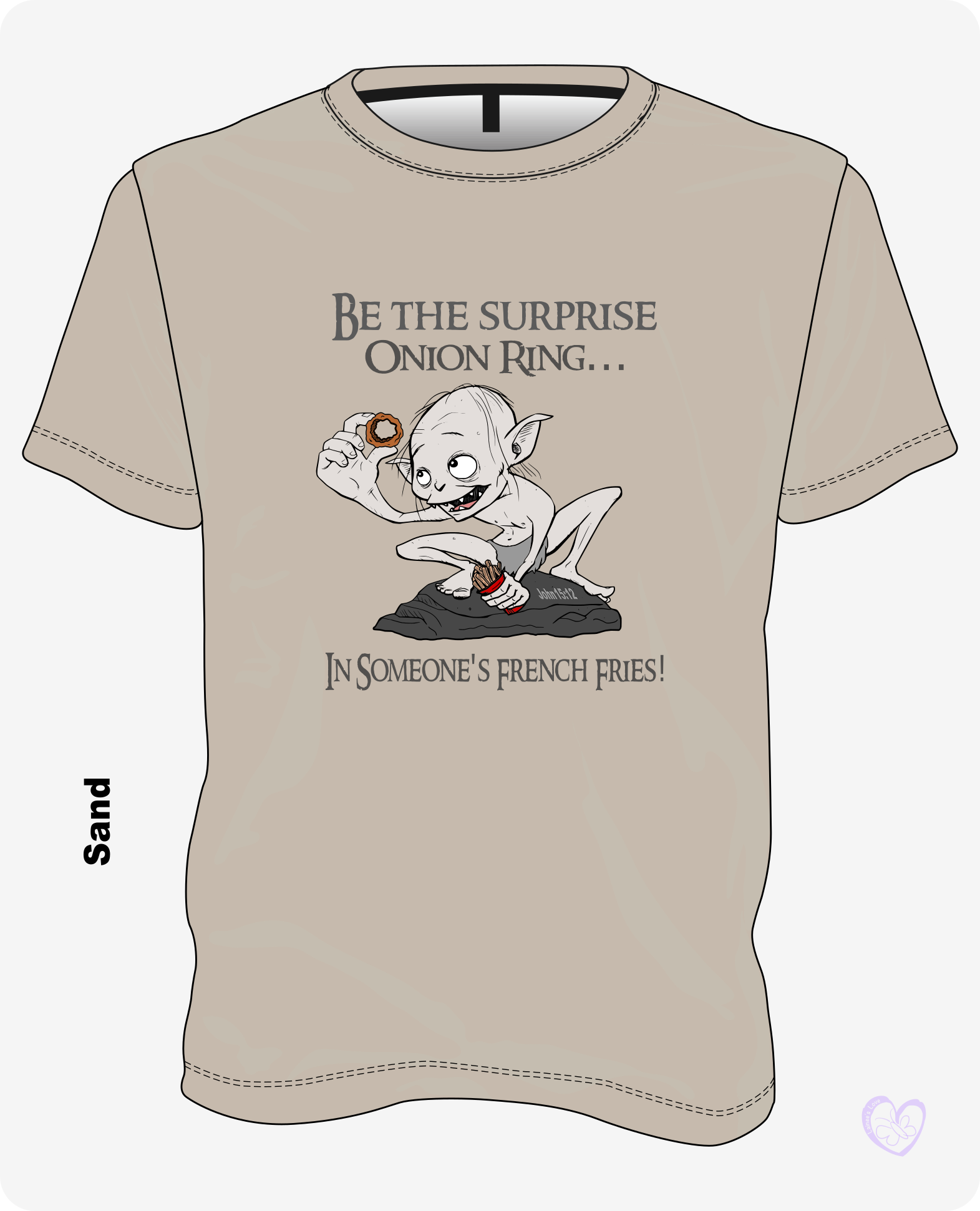 Lord of the Onion Ring kindness shirt in sand featuring the “Be the Surprise Onion Ring” design