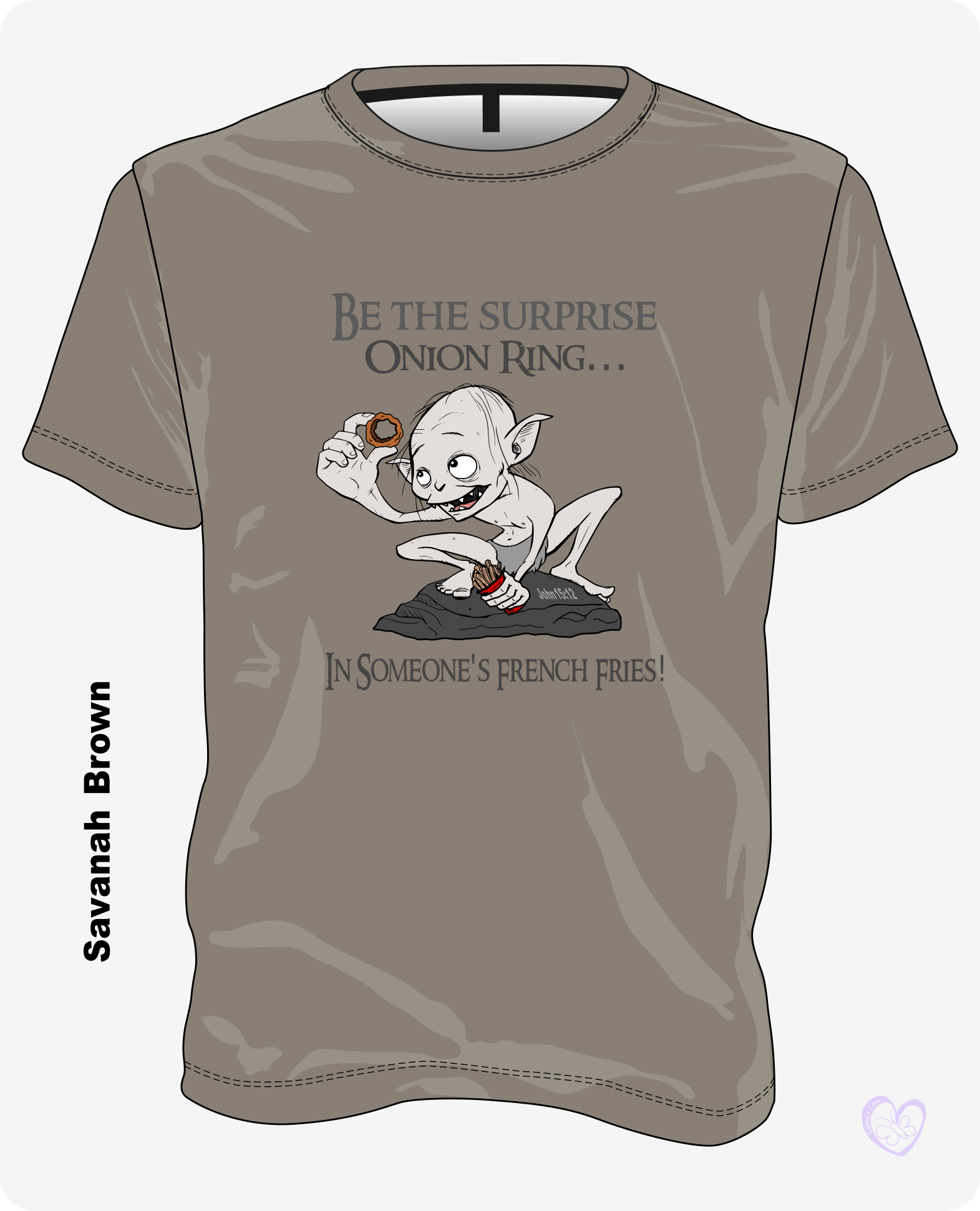 Lord of the Onion Ring kindness shirt in Savannah brown featuring the “Be the Surprise Onion Ring” design