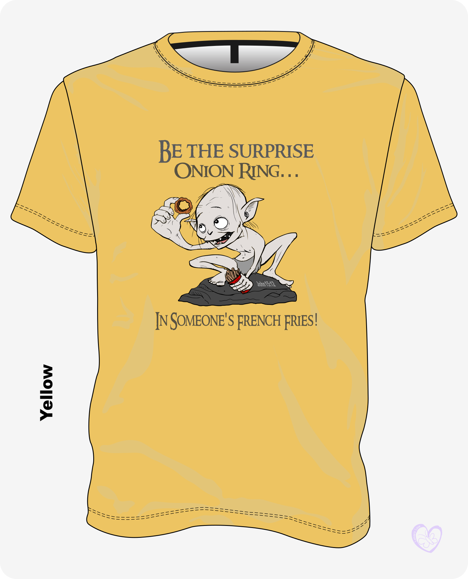 Lord of the Onion Ring kindness shirt in yellow featuring the “Be the Surprise Onion Ring” design